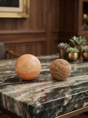 Handcrafted Orange Marble and Brown Wood Decorative Sphere Set